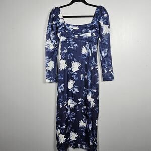 Abercrombie & Fitch Blue Floral Smocked Maxi Dress Puff Sleeve‎ XXS Square Neck